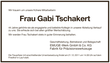 Traueranzeige von Gabi Tschakert von Pegnitz-Zeitung